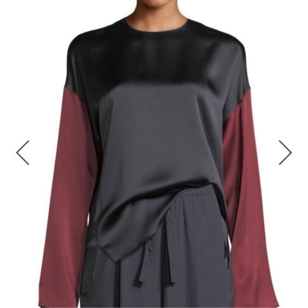 ECU. Vince Silk Color Block Black & Maroon Long Sleeve Blouse